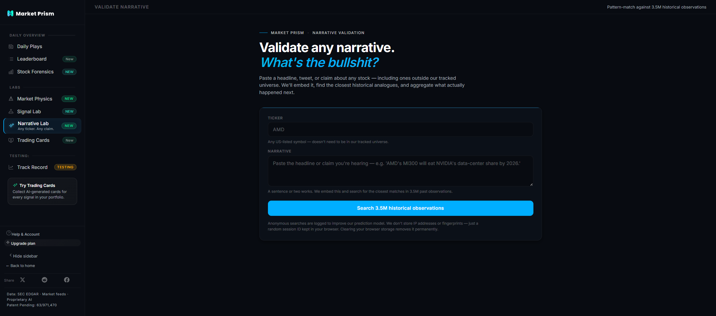 Market Prism Narrative Lab: paste a claim, search 5.5M historical narrative observations for analogues